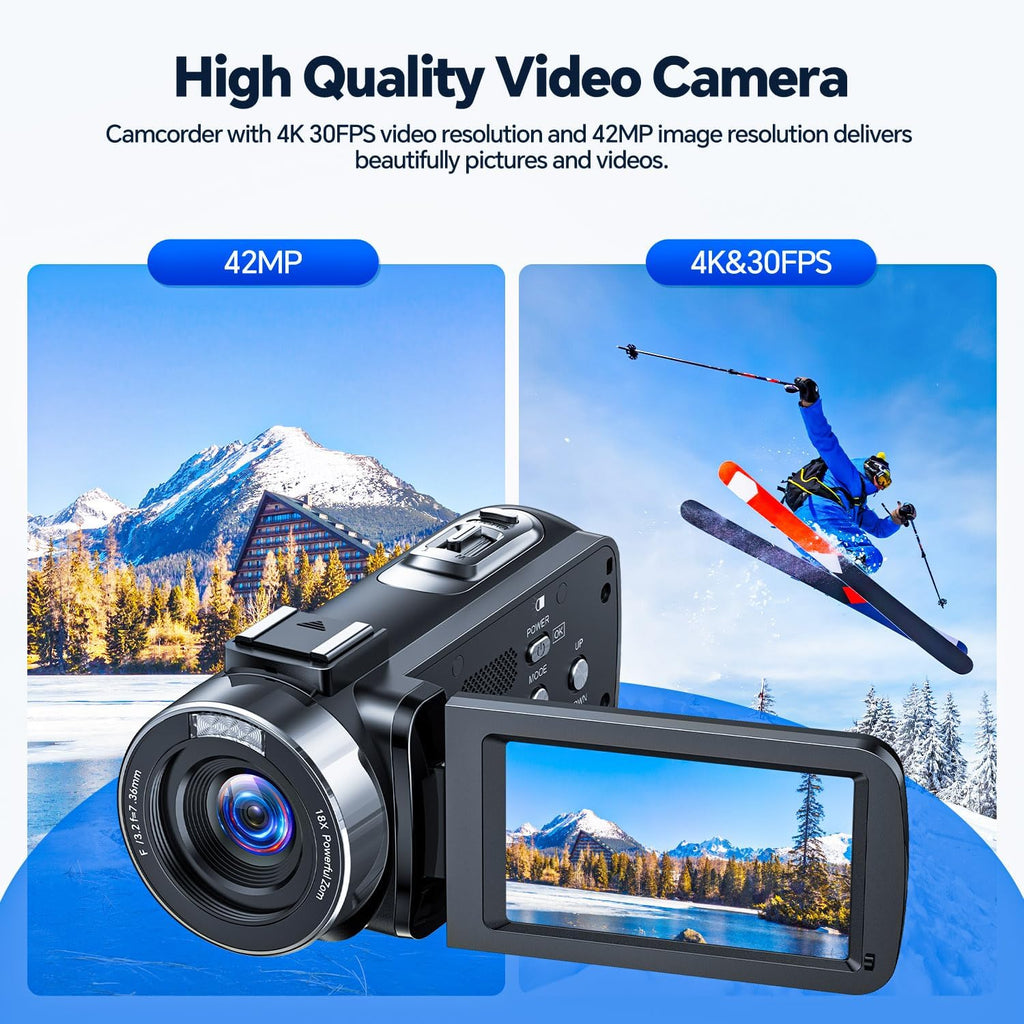 4K Video Camera Camcorder, 42MP Vlogging Camera for YouTube with 32GB SD Card, 2 Batteries, 3" 270Â° Rotating Screen, 18X Digital Zoom, Remote Control, Webcam for Live Streaming