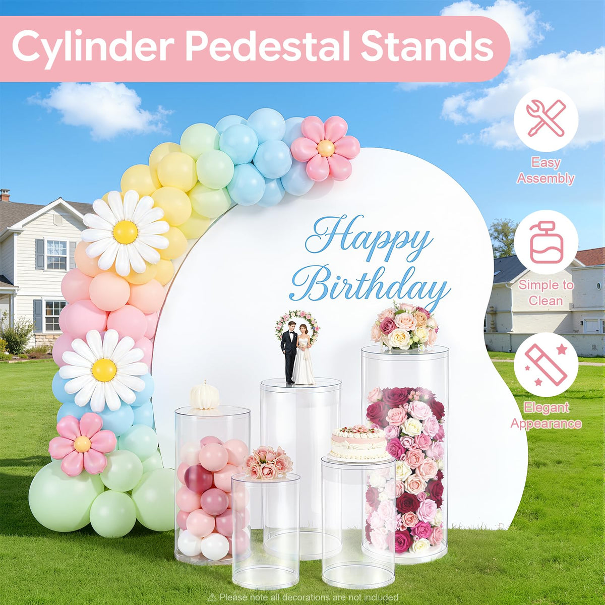 3Pcs Cylinder Pedestal Stand, PVC Acrylic Round Cylinder Stands for Party Decor 23.6 + 29.5 + 35.4 Inch Tall Cylinder Stand Pedestal Display for Birthday Wedding Party, White