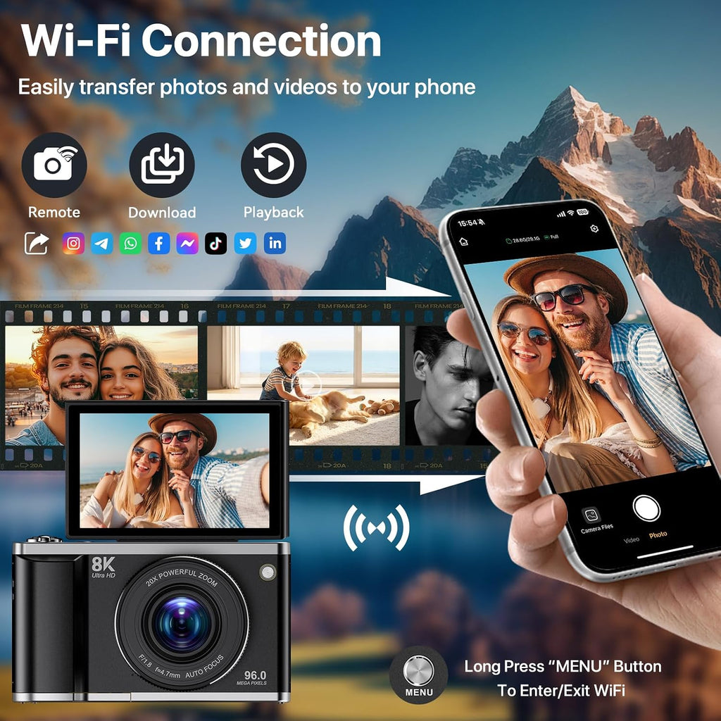 8K Digital Camera for Photography with WiFi 96MP Autofocus Vlogging Camera for YouTube Video 3.5'' 180Â°Flip Screen 20X Zoom Anti-Shake Compact Point and Shoot Cameras for Beginner Creator with SD Card