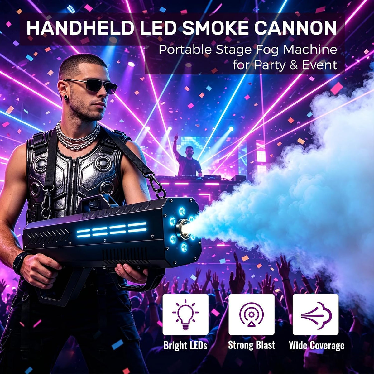 Handheld Fog Machine, Portable Smoke Cannon with LED for Stage