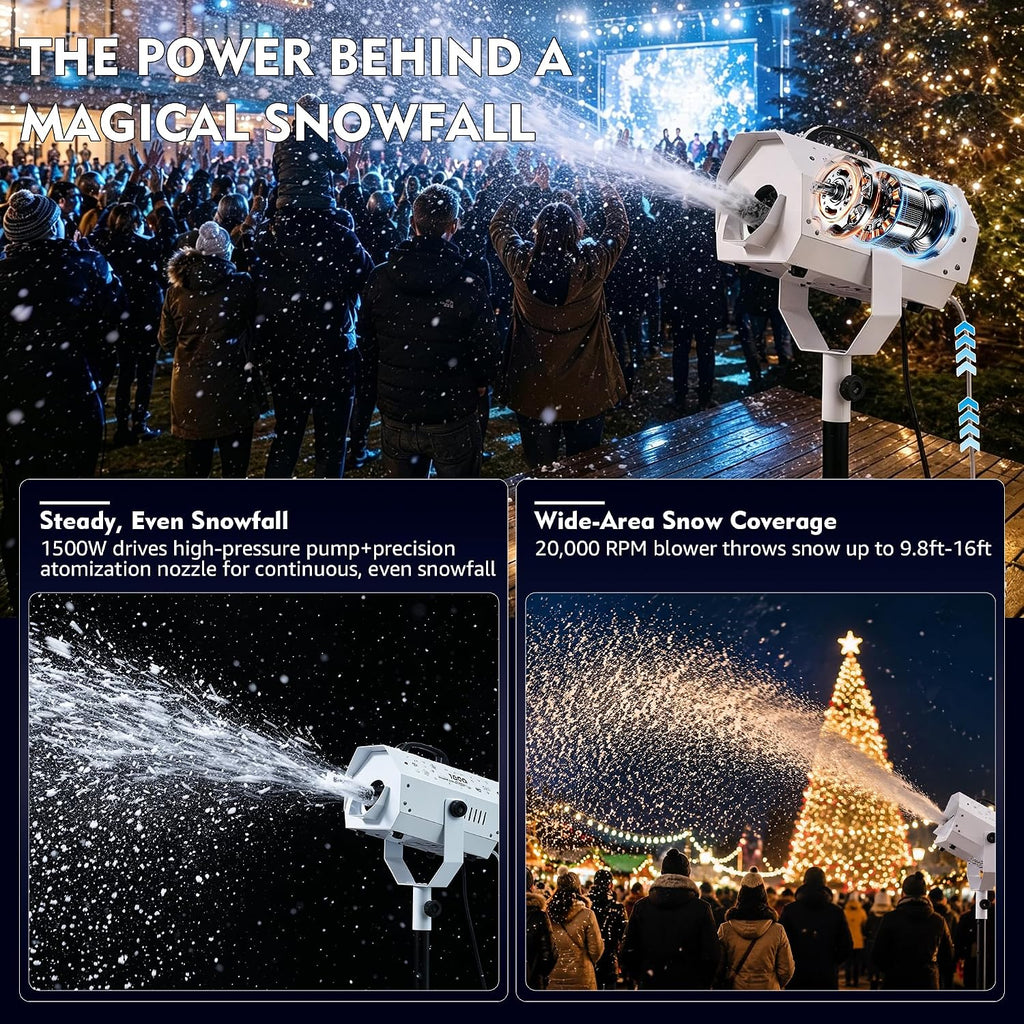 Snow Machine, 1500W Artificial Snow Making with Wireless Remote, Adjustable Snowflake Size & 59â69" Stand, Snow Generator Fake Snow Maker for Christmas, Parties, Weddings & Holiday Events