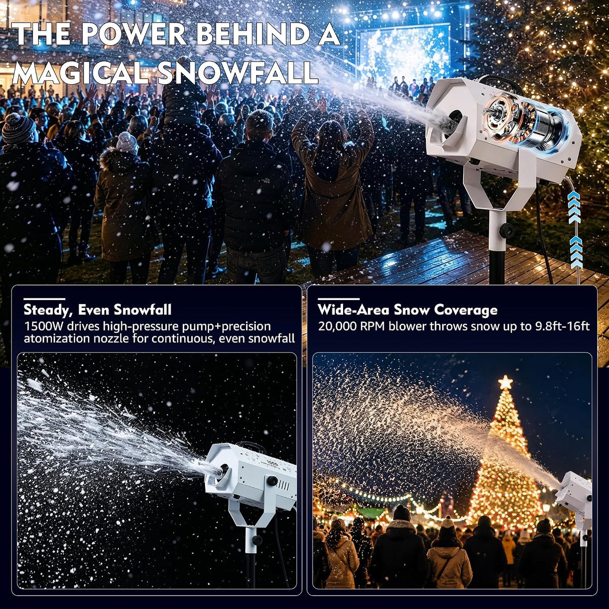 Snow Machine, 1500W Artificial Snow Making with Wireless Remote, Adjustable Snowflake Size & 59â69" Stand, Snow Generator Fake Snow Maker for Christmas, Parties, Weddings & Holiday Events