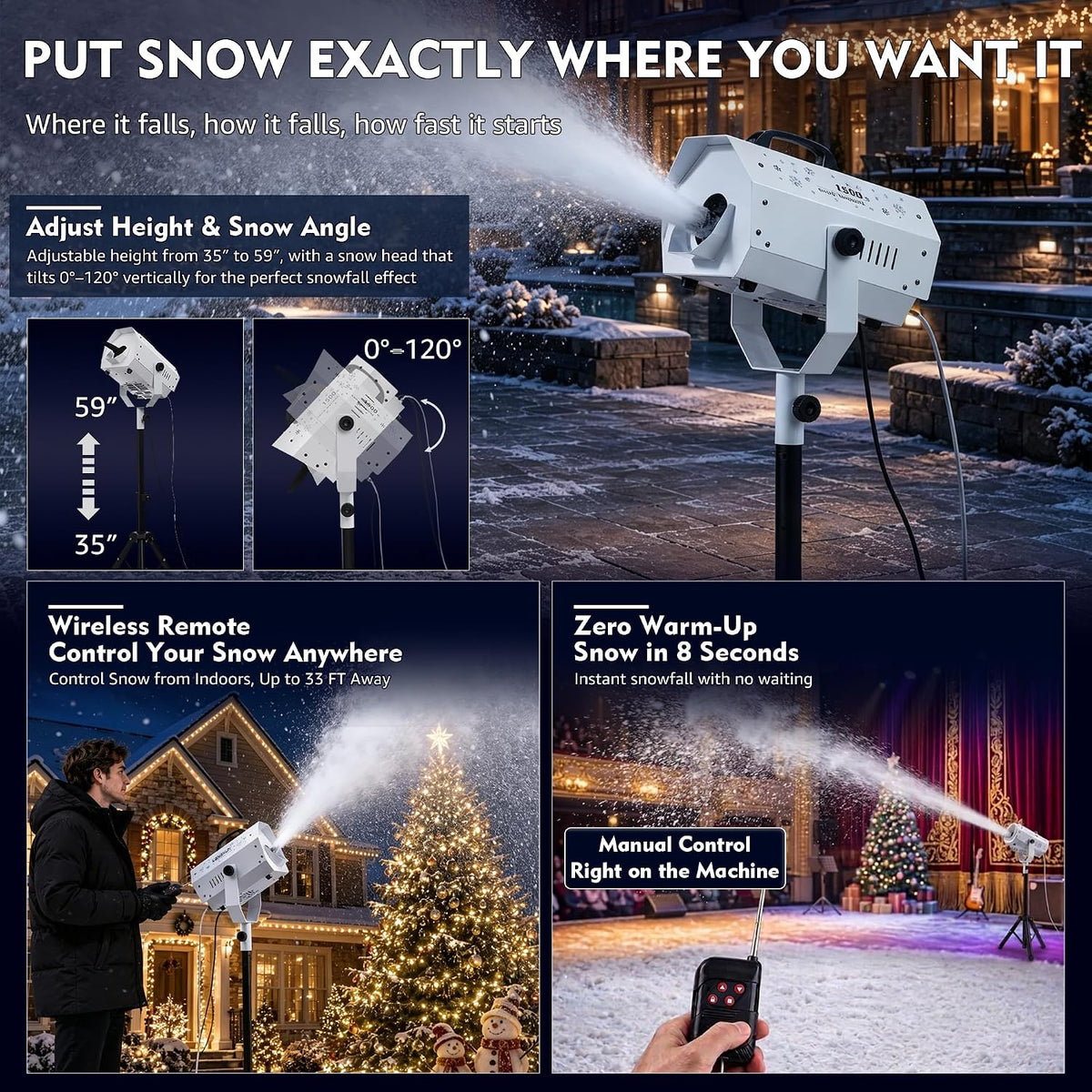 Snow Machine, 1500W Artificial Snow Making with Wireless Remote, Adjustable Snowflake Size & 59â69" Stand, Snow Generator Fake Snow Maker for Christmas, Parties, Weddings & Holiday Events
