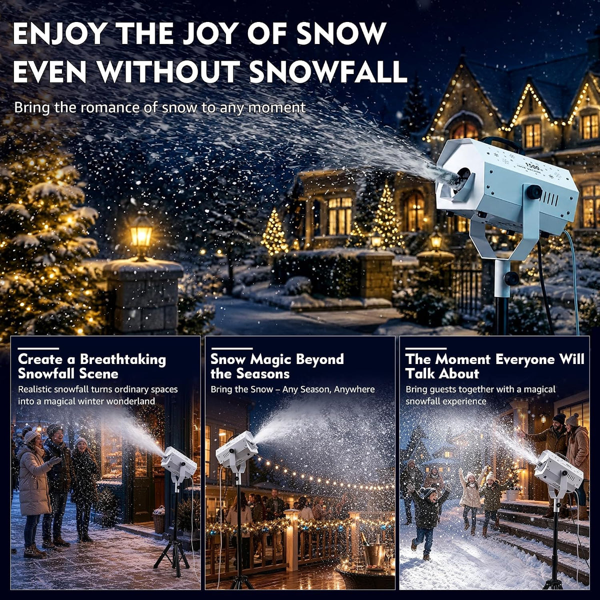 Snow Machine, 1500W Artificial Snow Making with Wireless Remote, Adjustable Snowflake Size & 59â69" Stand, Snow Generator Fake Snow Maker for Christmas, Parties, Weddings & Holiday Events