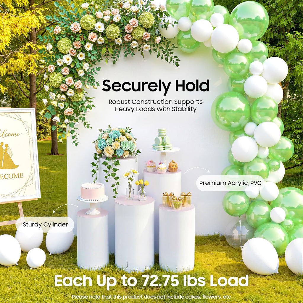 3Pcs Cylinder Pedestal Stand, PVC Acrylic Round Cylinder Stands for Party Decor 23.6 + 29.5 + 35.4 Inch Tall Cylinder Stand Pedestal Display for Birthday Wedding Party, White